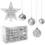 Luxusní 101-dílná sada koulí na vánoční stromek. Soupravu tvoří různé motivy a velikosti stříbrných koulí doplněné o překrásnou hvězdu na vrchol stromku. Nerozbitný plastový materiál, stříbrné provázky pro snadné zavěšení.